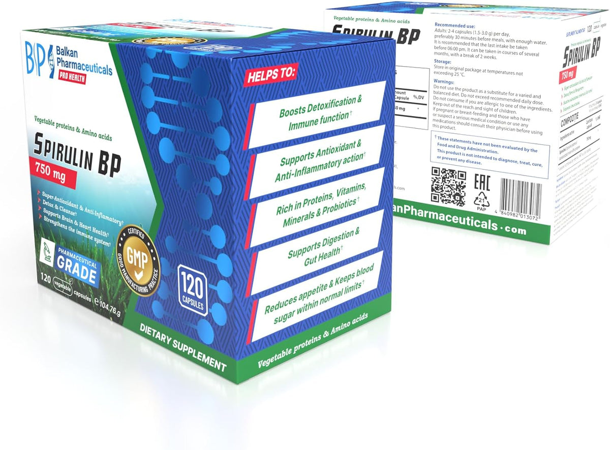 BP PRO HEALTH Spirulina BP kapsül başına 750 mg - Spirulina platensis, en az %60 protein oranında standardize edilmiştir - 120 kapsül