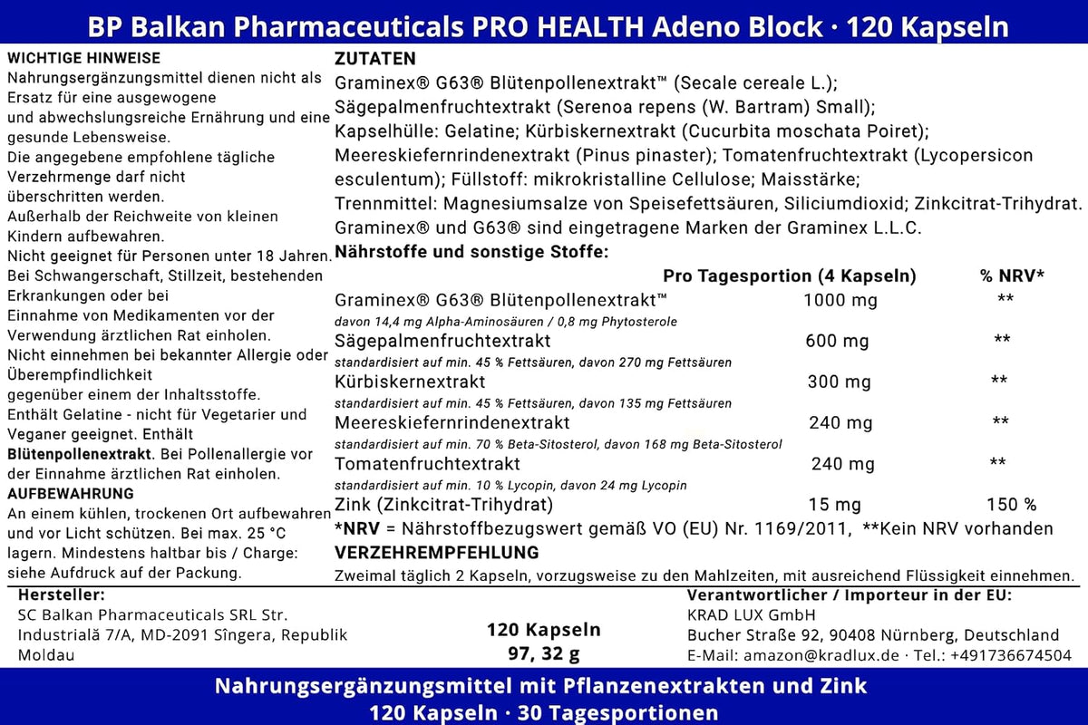 BP PRO HEALTH Adeno Block - 5 plant extracts + 15 mg zinc per daily serving - 120 capsules