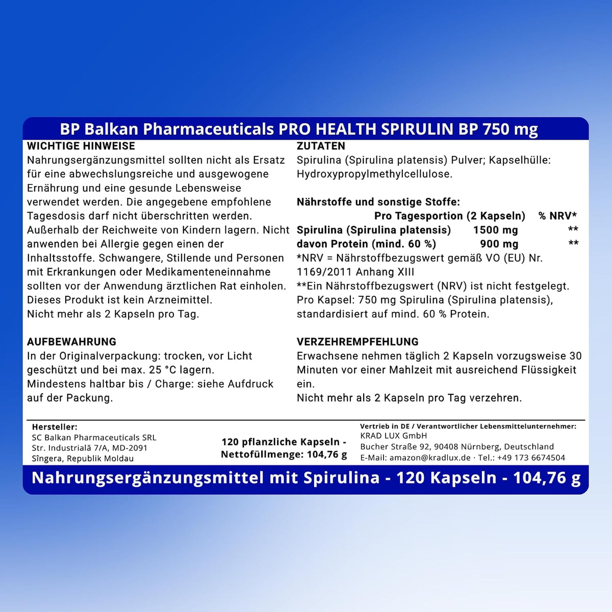 BP PRO HEALTH Spirulina BP kapsül başına 750 mg - Spirulina platensis, en az %60 protein oranında standardize edilmiştir - 120 kapsül
