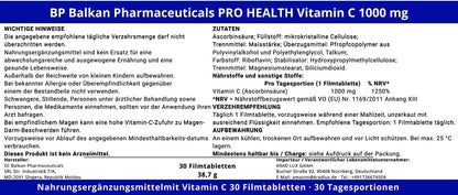 BP PRO HEALTH Vitamin C 1000 mg - 1250% NRV per tablet - 30 film-coated tablets