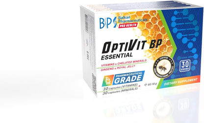 BP PRO HEALTH OptiVit BP Essential - 12 Vitamins + 9 Minerals with Ginseng and Royal Jelly - 30 + 30 Capsules
