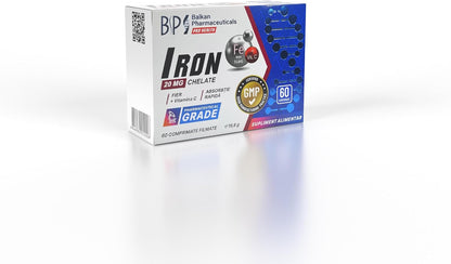 BP PRO HEALTH Iron Chelate + Vitamin C - Iron Bisglycinate, 10 mg iron per daily serving - 60 scoreable film-coated tablets