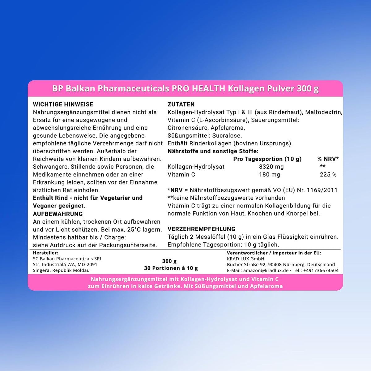 BP PRO HEALTH Collagen Powder + Vitamin C - 8320 mg collagen per serving, apple flavor - 300 g