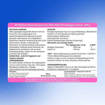 BP PRO HEALTH Collagen Powder + Vitamin C - 8320 mg collagen per serving, apple flavor - 300 g