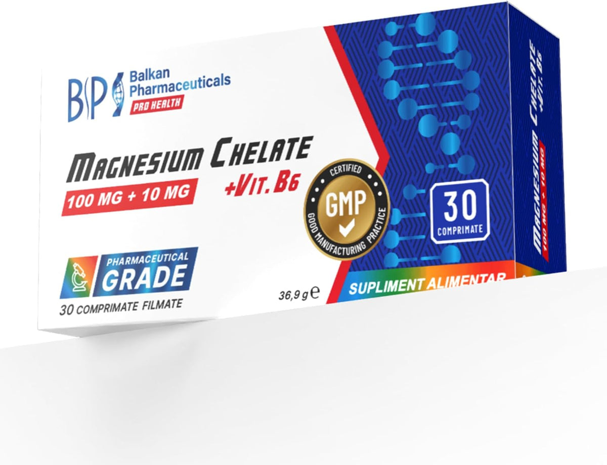 BP PRO HEALTH Magnesium Chelate + Vitamin B6 - 100 mg Magnesium Bisglycinate + 10 mg B6 - 30 Film-Coated Tablets
