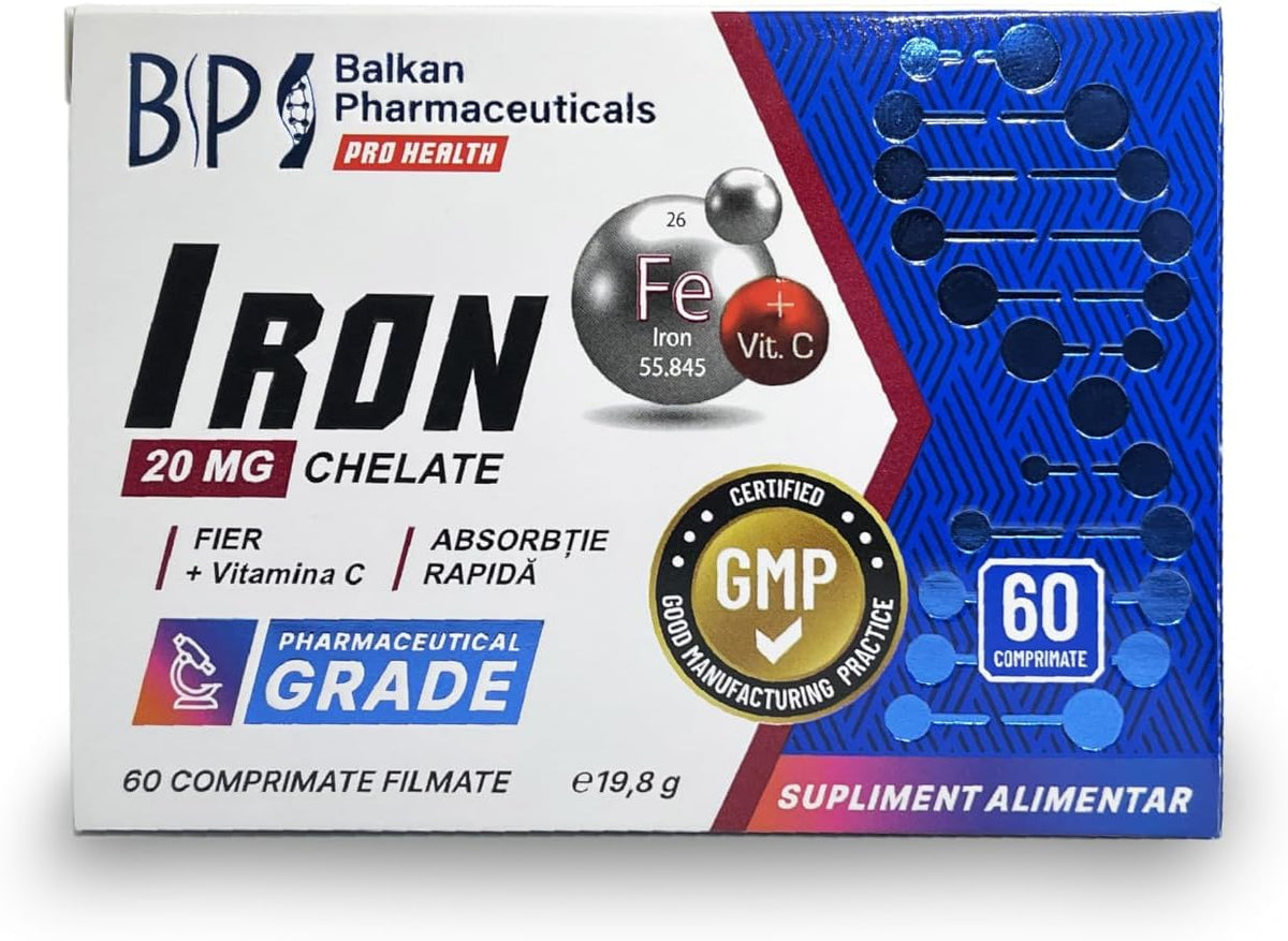 BP PRO HEALTH Iron Chelate + Vitamin C - Iron Bisglycinate, 10 mg iron per daily serving - 60 scoreable film-coated tablets