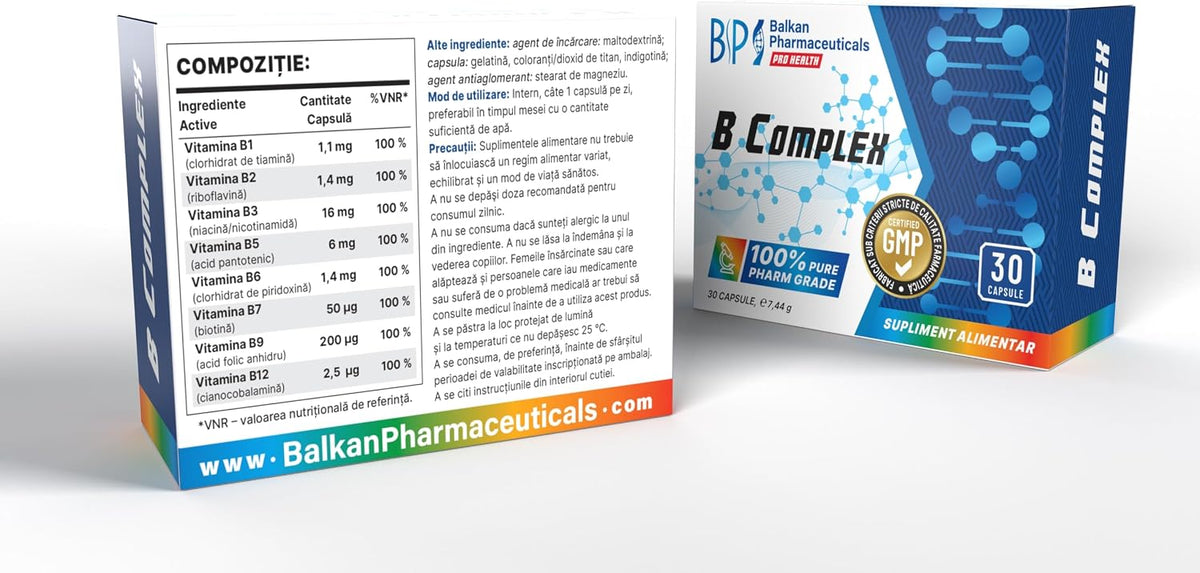 BP PRO HEALTH Vitamin B-Complex - 8 B-vitamins, 100% NRV each per capsule - 30 capsules