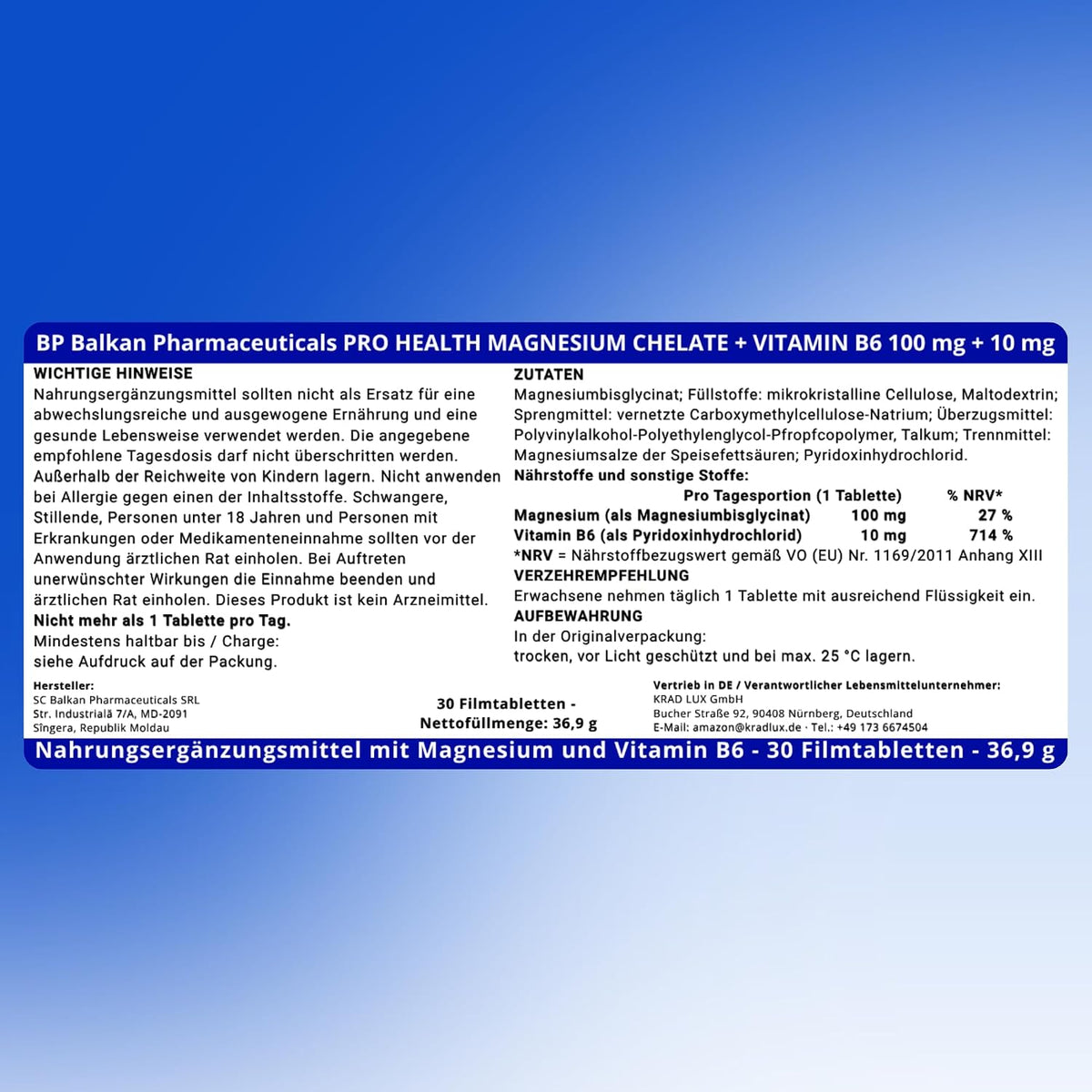 BP PRO HEALTH Magnesium Chelate + Vitamin B6 - 100 mg Magnesium Bisglycinate + 10 mg B6 - 30 Film-Coated Tablets