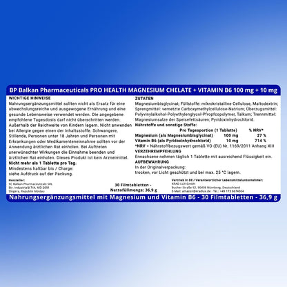 BP PRO HEALTH Magnesium Chelate + Vitamin B6 - 100 mg Magnesium Bisglycinate + 10 mg B6 - 30 Film-Coated Tablets