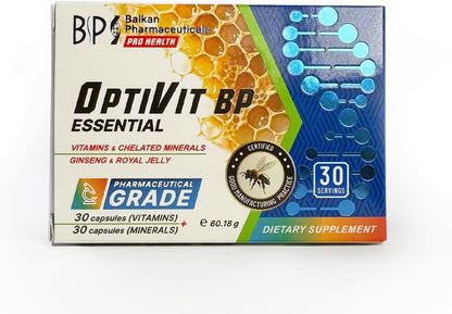 BP PRO HEALTH OptiVit BP Essential - 12 Vitamins + 9 Minerals with Ginseng and Royal Jelly - 30 + 30 Capsules