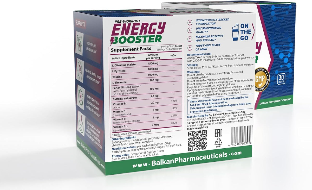 BP PRO HEALTH Energy Booster Pre-Workout Powder - Citrulline, Taurine, Tyrosine, Theanine, Caffeine, Ginseng, B-Vitamins - Sour Cherry - 30 Sachets