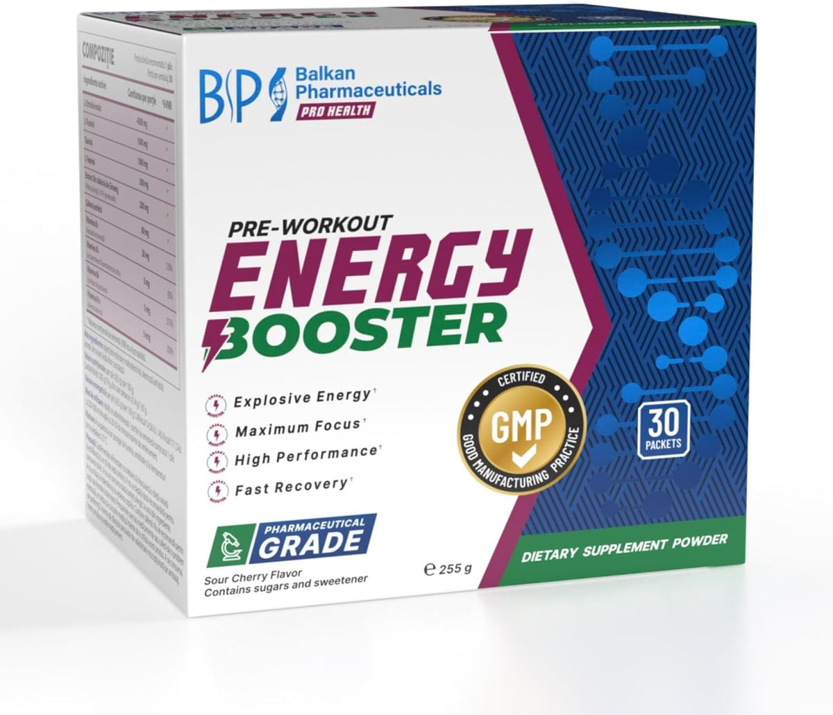 BP PRO HEALTH Energy Booster Pre-Workout Powder - Citrulline, Taurine, Tyrosine, Theanine, Caffeine, Ginseng, B-Vitamins - Sour Cherry - 30 Sachets