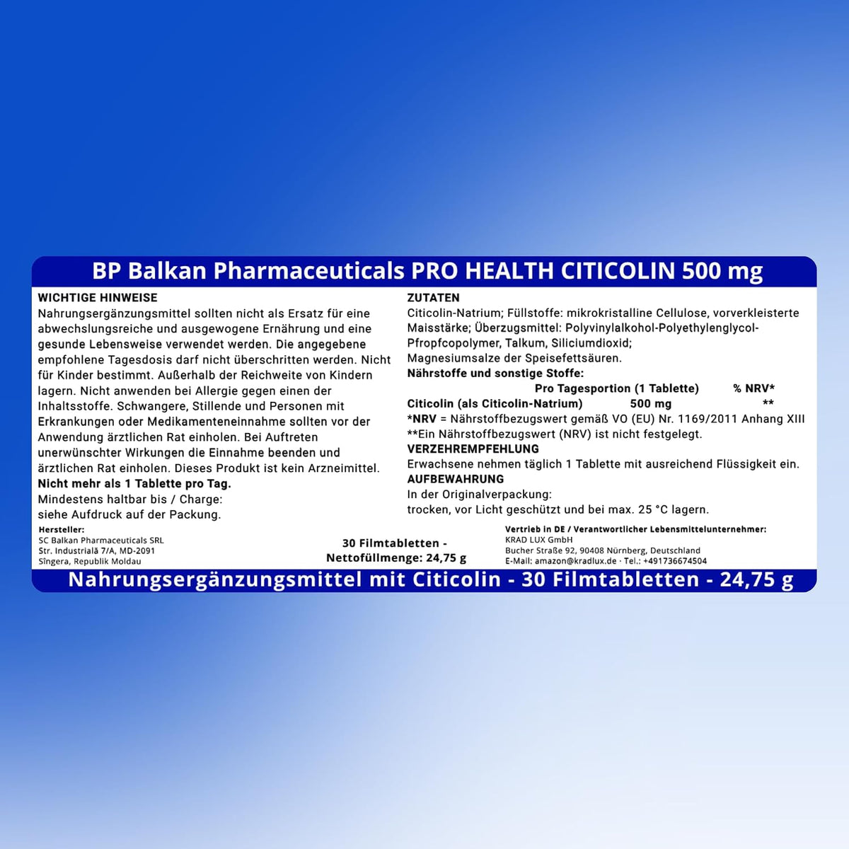 BP PRO HEALTH Citicoline 500 mg - 500 mg Citicoline (as Citicoline sodium) per tablet - 30 film-coated tablets