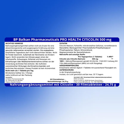 BP PRO HEALTH Citicoline 500 mg - 500 mg Citicoline (as Citicoline sodium) per tablet - 30 film-coated tablets