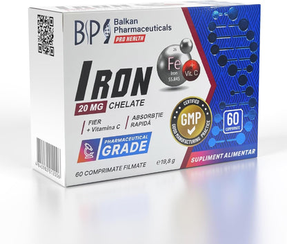 BP PRO HEALTH Iron Chelate + Vitamin C - Iron Bisglycinate, 10 mg iron per daily serving - 60 scoreable film-coated tablets