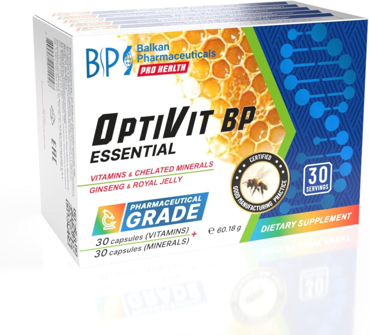 BP PRO HEALTH OptiVit BP Essential - 12 Vitamins + 9 Minerals with Ginseng and Royal Jelly - 30 + 30 Capsules