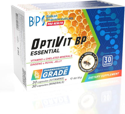 BP PRO HEALTH OptiVit BP Essential - 12 Vitamins + 9 Minerals with Ginseng and Royal Jelly - 30 + 30 Capsules
