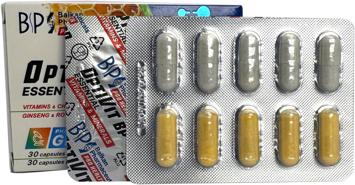 BP PRO HEALTH OptiVit BP Essential - 12 Vitamins + 9 Minerals with Ginseng and Royal Jelly - 30 + 30 Capsules