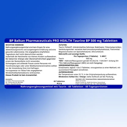BP PRO HEALTH Taurine BP - 500 mg taurine per tablet - 60 tablets