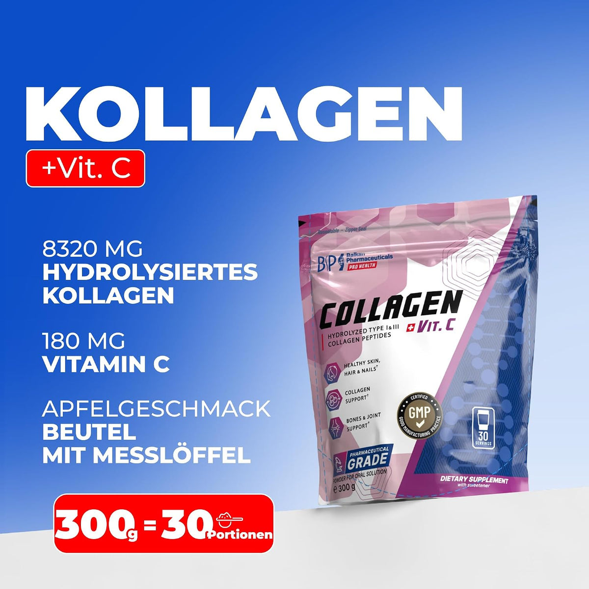 BP PRO HEALTH Collagen Powder + Vitamin C - 8320 mg collagen per serving, apple flavor - 300 g