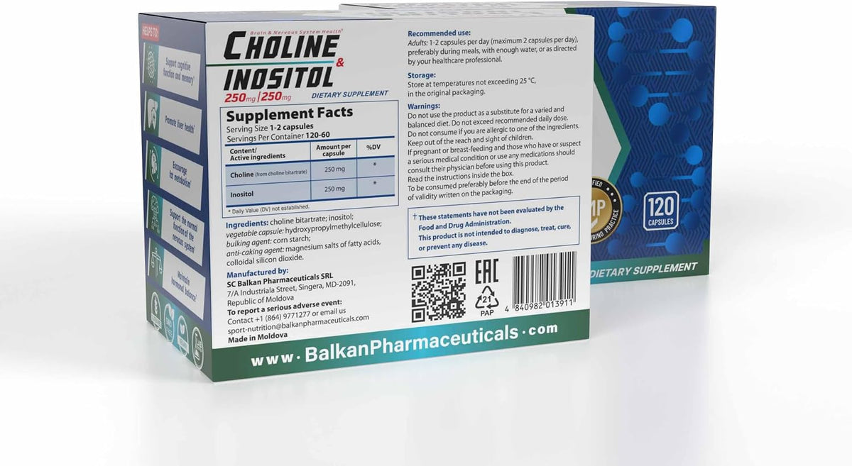 BP PRO HEALTH Choline & Inositol - 500 mg Choline + 500 mg Inositol per daily dose - 120 vegetable capsules
