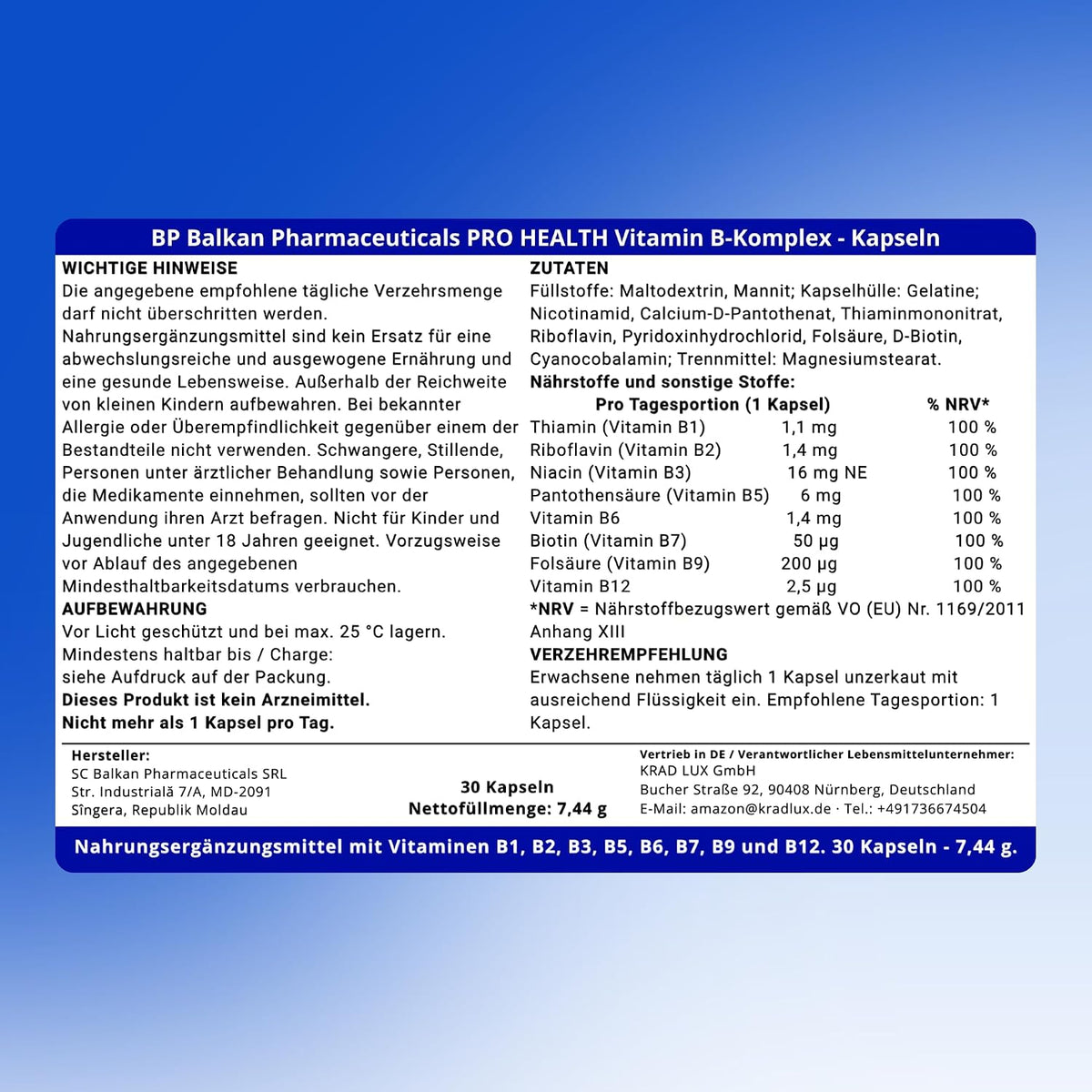 BP PRO HEALTH Vitamin B-Complex - 8 B-vitamins, 100% NRV each per capsule - 30 capsules