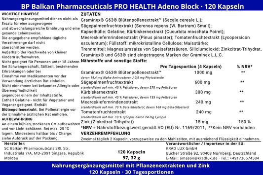 BP PRO HEALTH Adeno Block - Günlük porsiyon başına 5 bitki özü + 15 mg çinko - 120 kapsül