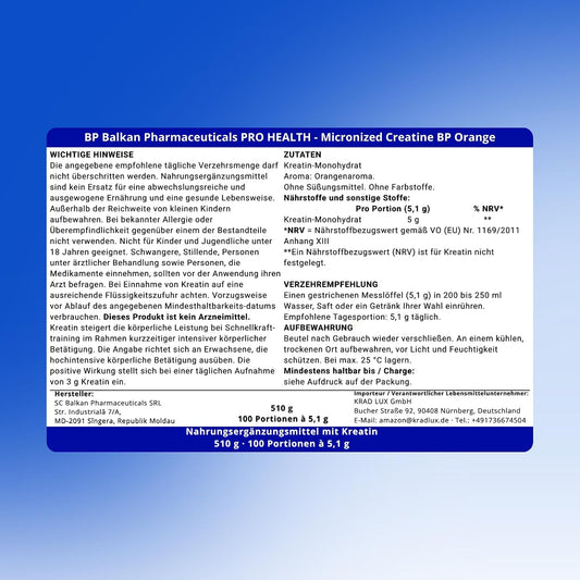 BP PRO HEALTH Mikronize Kreatin Portakal Aromalı - 5,1 g'lık 100 Porsiyon - 510 g Toz