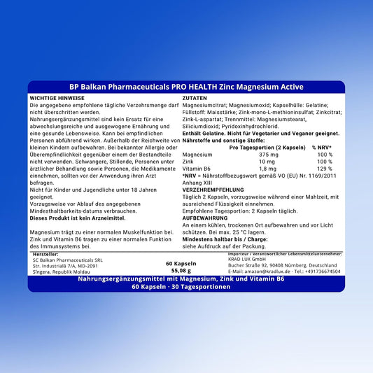 BP PRO HEALTH Çinko Magnezyum Aktif - 375 mg Magnezyum, 10 mg Çinko, B6 Vitamini - 60 Kapsül