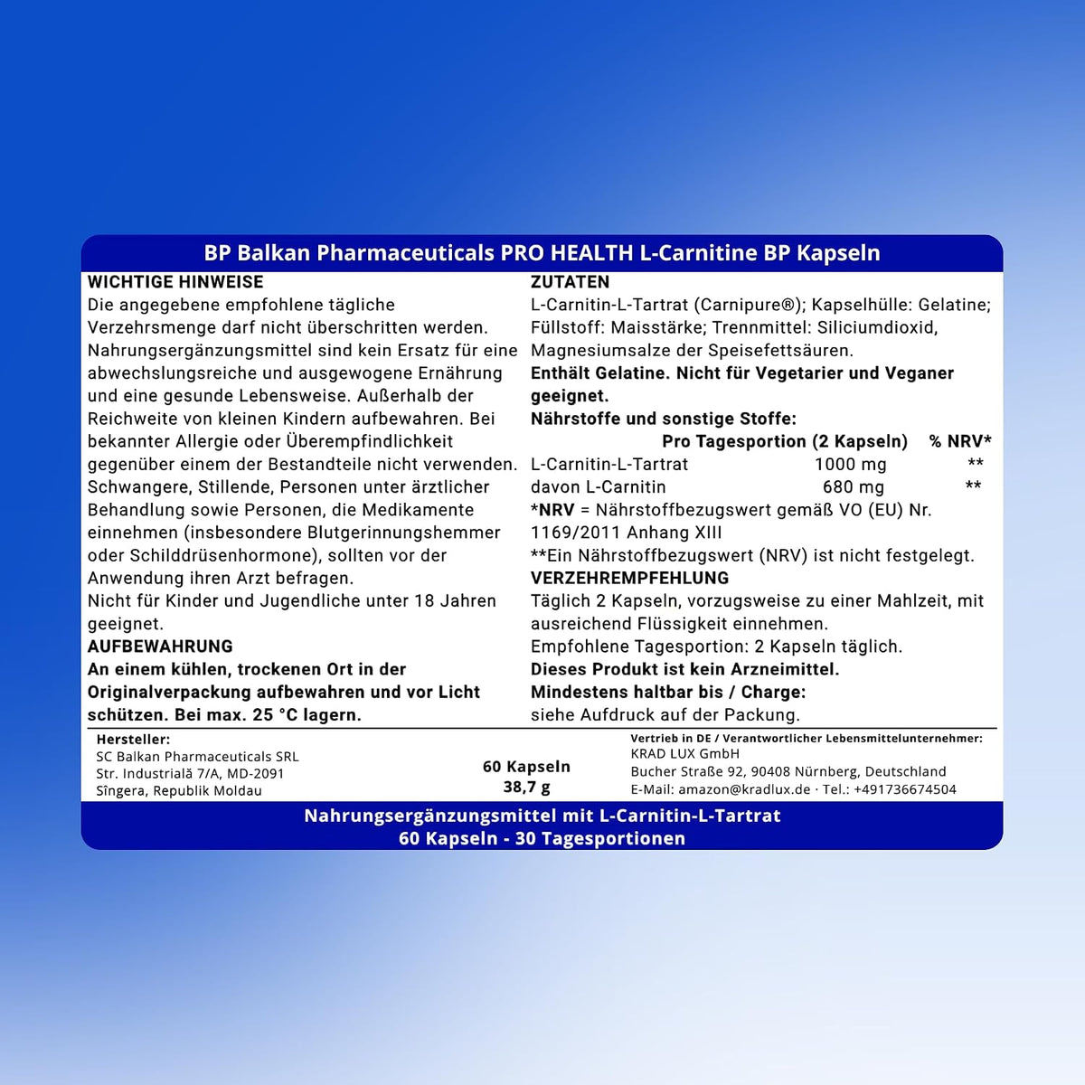 BP PRO HEALTH L-Carnitine Capsules - 1000 mg Carnipure® L-Carnitine-L-Tartrate - 60 capsules