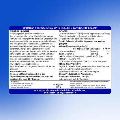 BP PRO HEALTH L-Carnitine Capsules - 1000 mg Carnipure® L-Carnitine-L-Tartrate - 60 capsules