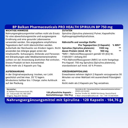 BP PRO HEALTH Spirulina BP kapsül başına 750 mg - Spirulina platensis, en az %60 protein oranında standardize edilmiştir - 120 kapsül