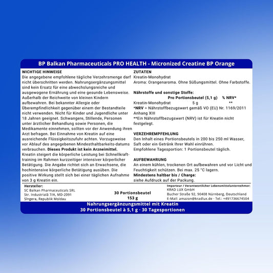 BP PRO HEALTH Mikronize Kreatin Portakal - Her pakette 5 g Kreatin Monohidrat - 30 Porsiyonluk Paket