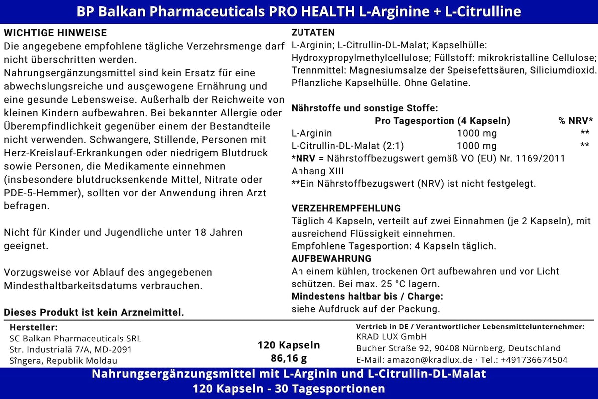 BP PRO HEALTH L-Arginine + L-Citrulline - 1000 mg per daily serving - 120 capsules