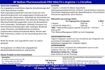 BP PRO HEALTH L-Arginine + L-Citrulline - 1000 mg per daily serving - 120 capsules