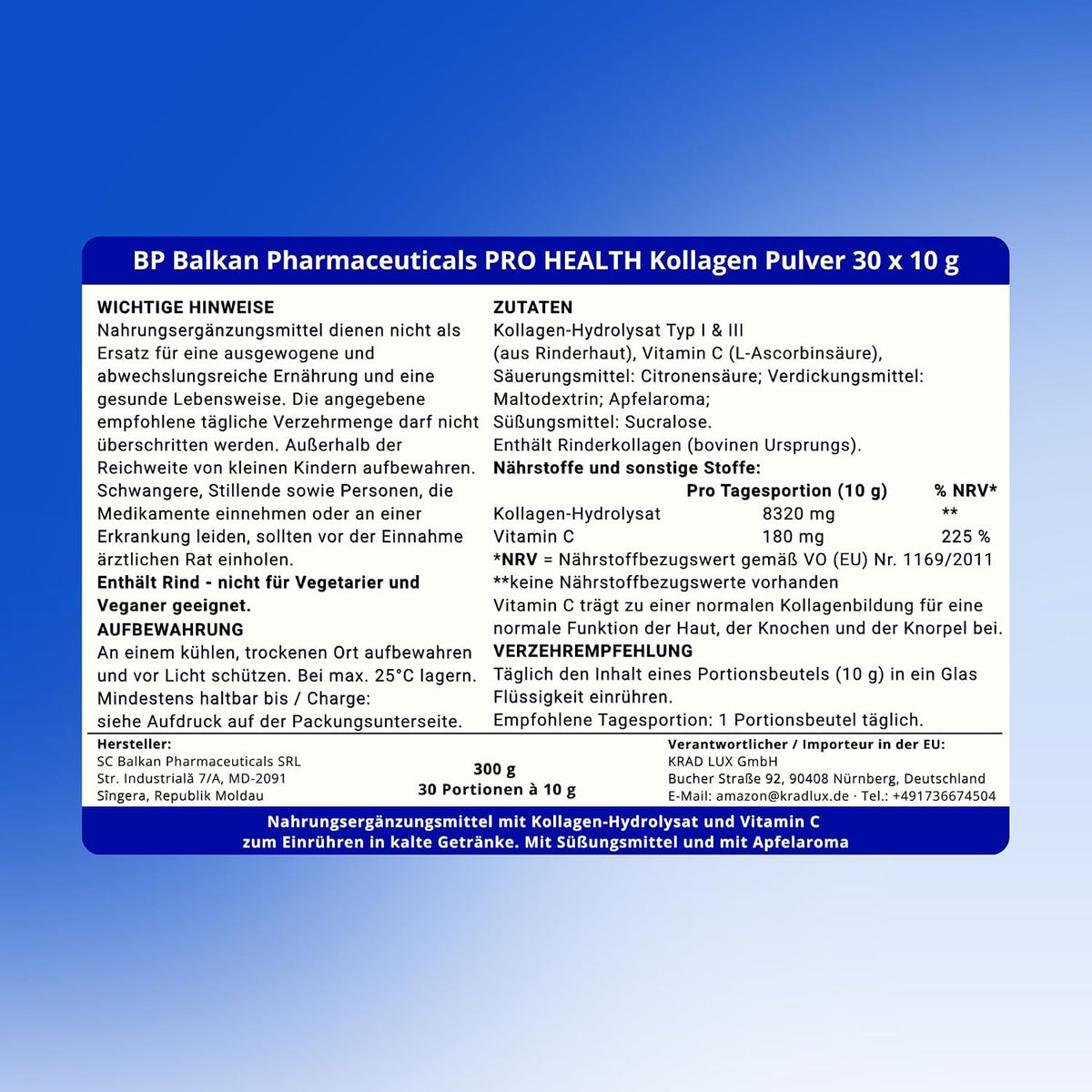 BP PRO HEALTH Collagen + Vitamin C - 8320 mg collagen per sachet, apple flavor - 30 portion sachets
