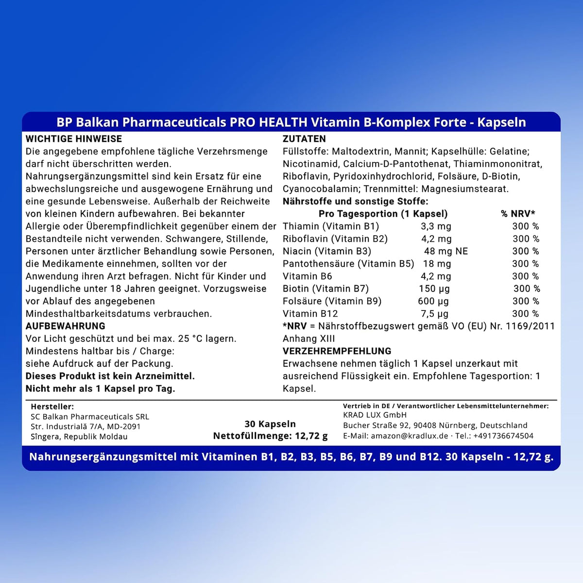 BP PRO HEALTH Vitamin B-Complex Forte - 8 B-Vitamins, 300% NRV each per capsule - 30 capsules