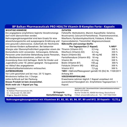 BP PRO HEALTH Vitamin B-Complex Forte - 8 B-Vitamins, 300% NRV each per capsule - 30 capsules
