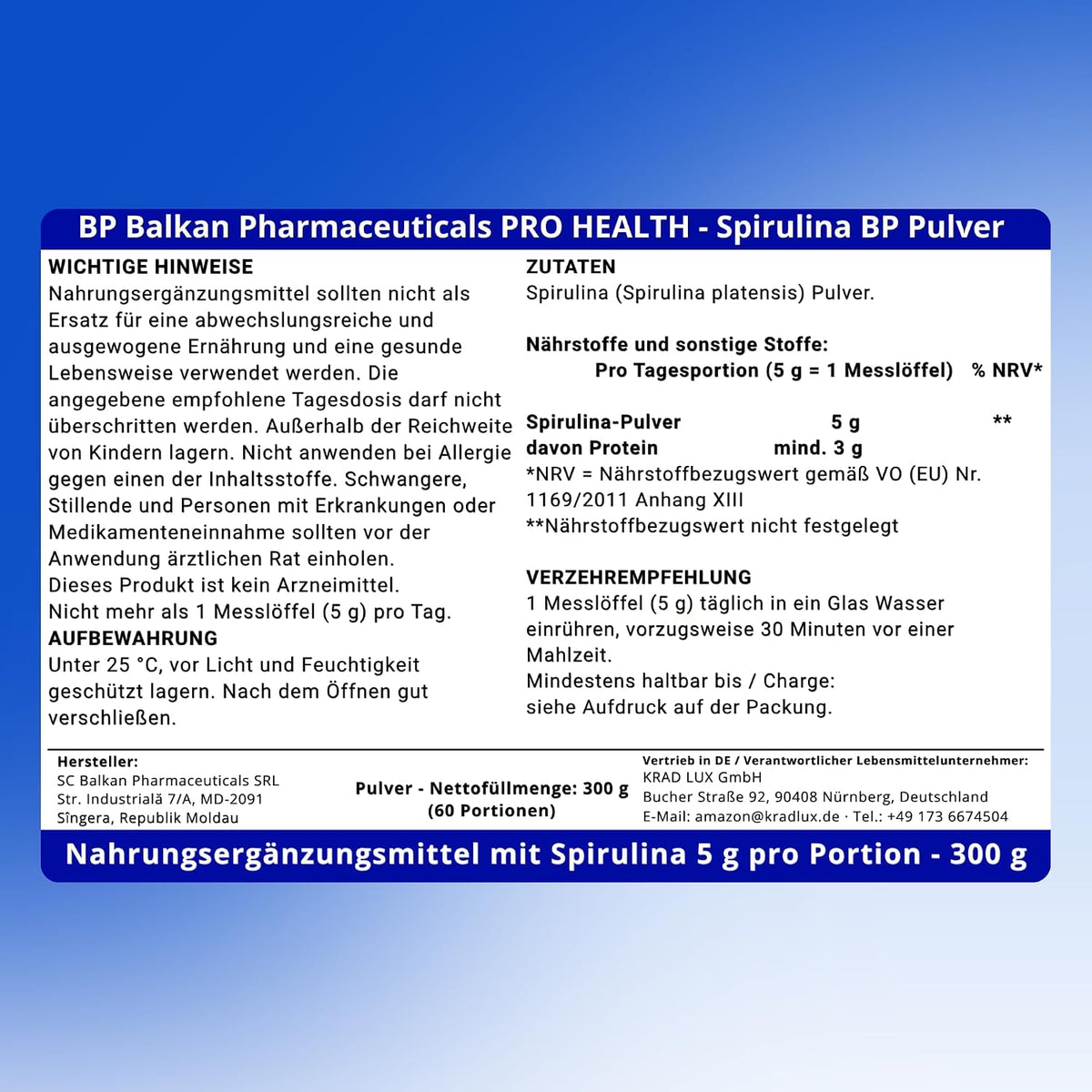 BP PRO HEALTH Spirulina BP Powder - 100% Spirulina platensis - 5 g per serving - 300 g