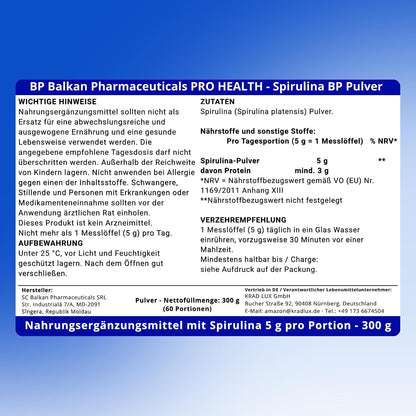 BP PRO HEALTH Spirulina BP Powder - 100% Spirulina platensis - 5 g per serving - 300 g