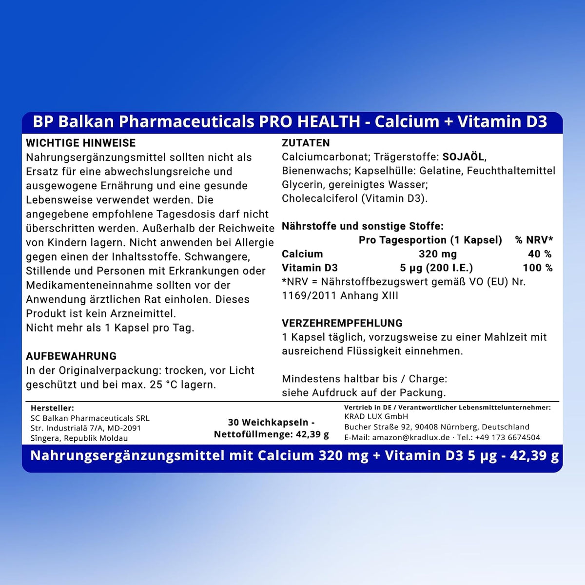 BP PRO HEALTH Calciu + Vitamina D3 - 320 mg Calciu + 5 µg (200 U.I.) Vitamina D3 - 30 capsule moi