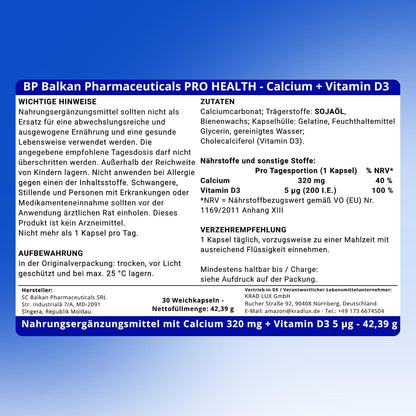 BP PRO HEALTH Calciu + Vitamina D3 - 320 mg Calciu + 5 µg (200 U.I.) Vitamina D3 - 30 capsule moi