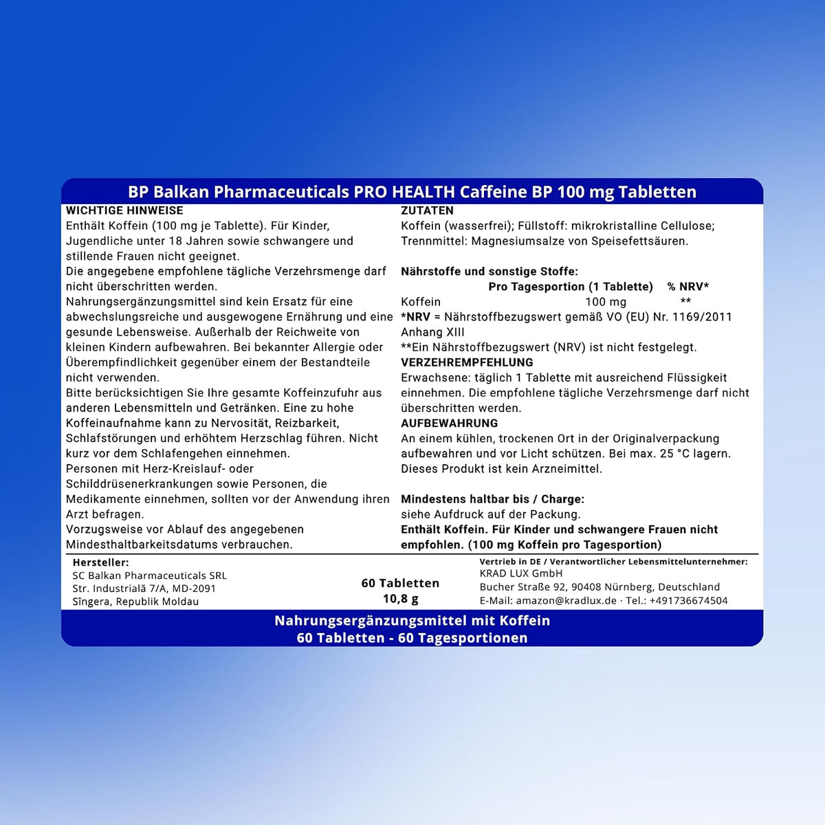 BP PRO HEALTH Kafein BP - Tablet başına 100 mg kafein - 60 tablet