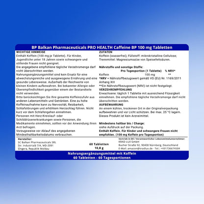 BP PRO HEALTH Kafein BP - Tablet başına 100 mg kafein - 60 tablet